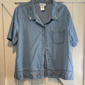 Casual Blue Denim Shirt with Floral Accents
